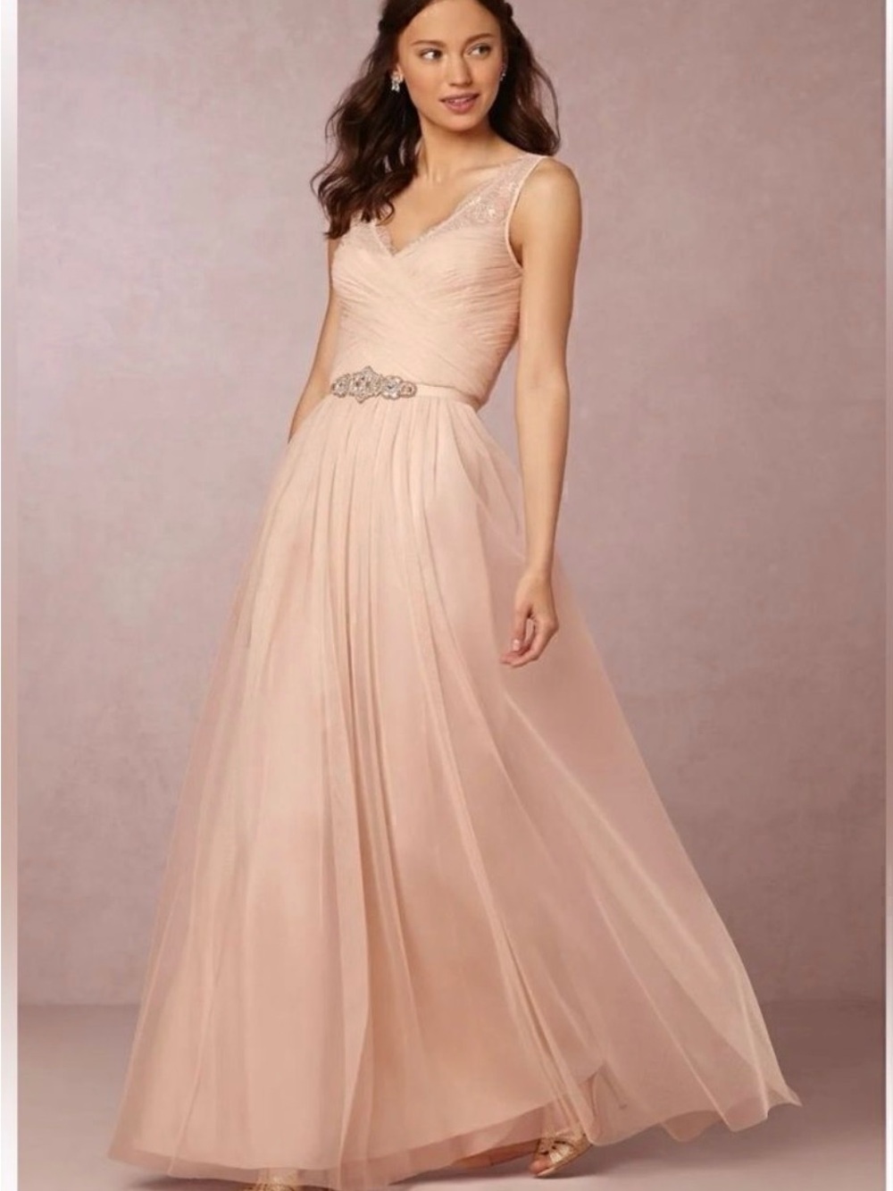 BHLDN Anthropologie hitherto Blush Pink Gown with Embellished Waistband ribbon